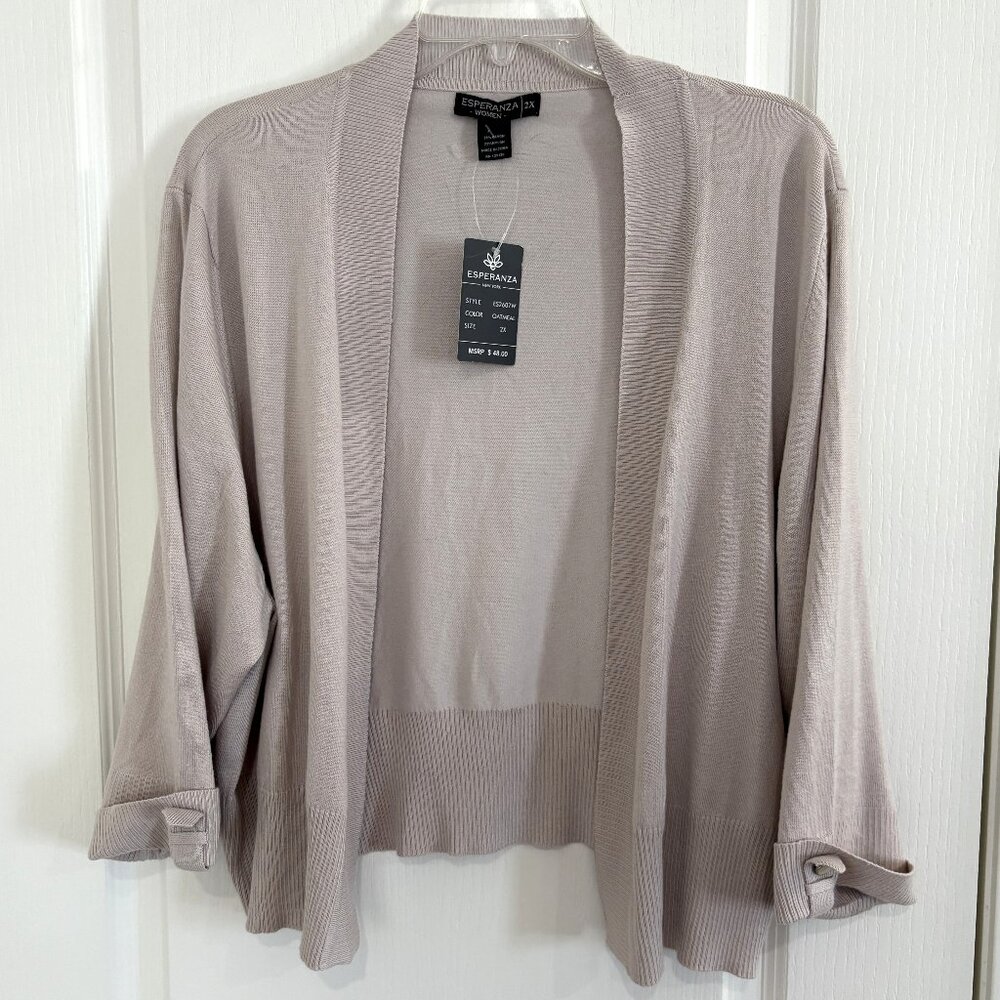 Esperanza Knit Shrug Sweater Open Front 3/4 Sleeve Oatmeal Beige Size 2X NEW